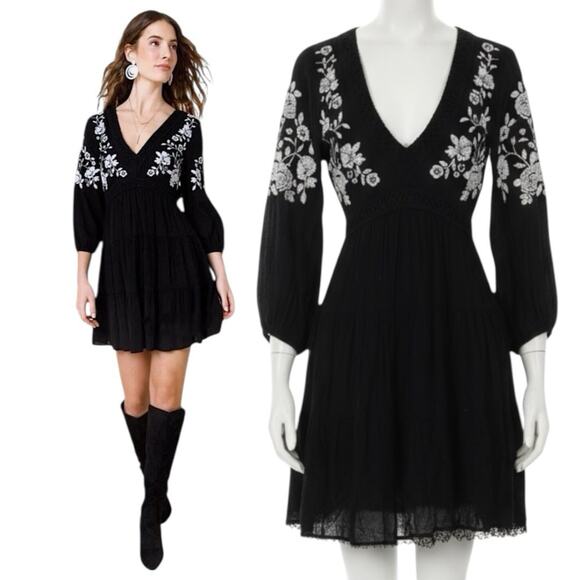 Jun & Ivy Black Boho Chic Embroidered Gauze Dress Womens Sz S Peasant V-Neck - Picture 1 of 12